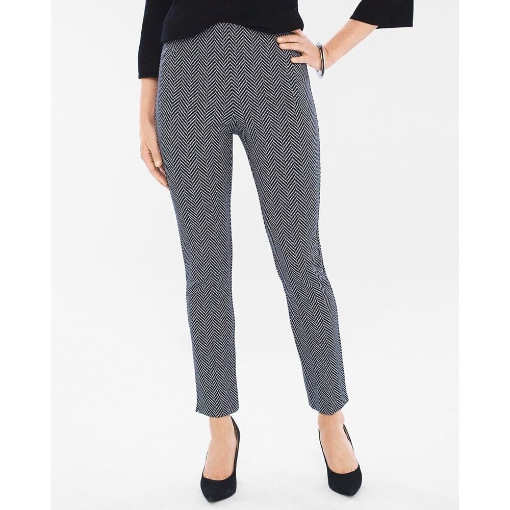 Chico's Black Juliet Painted Herringbone Ponte Pull On Ankle Pants Womans Sz 1/8